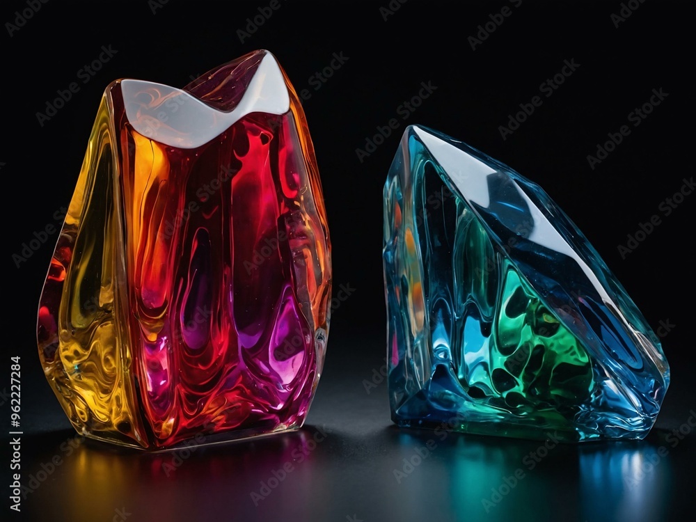 Poster shimmering multi-colored glass pieces create a striking visual on a dark surface.