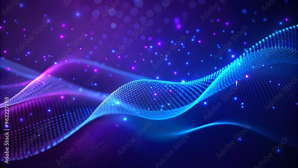 Poster particle stream. blue, purple background with many glowing particles. information technology backgro