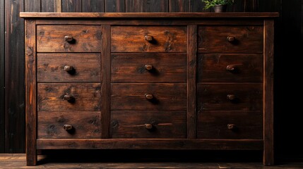 A weathered wooden cabinet with multiple drawers and a door, showcasing a rustic and vintage aesthetic. The cabinet offers ample storage space, perfect for organizing and displaying treasured belongin