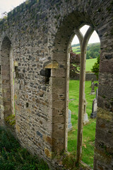 Naklejka premium A tranquil cemetery with stone pillars, walls, and greenery. A lone tree, framed by an archway, adds to the serene ambiance of quiet reflection and natural beauty.