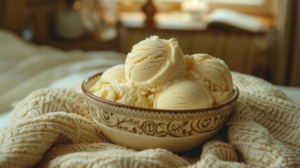 Bowl of ice cream sitting on a bed with a blanket, national ice cream day