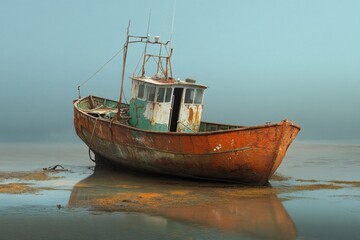 Obraz premium A weathered fishing boat sits on a sandy shore, partially submerged in shallow water. The boat is rusty and worn, with peeling paint and chipped wood. The fog adds an eerie atmosphere, symbolizing sol
