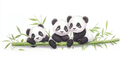 Fototapeta premium panda cute animals nature bamboo wildlife cartoon illustration children playful black and white cuddly art character adorable forest asian furry friends playful pandas 