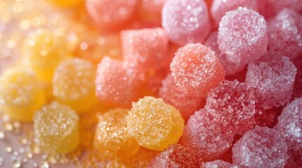 Many different colored candies on a white surface