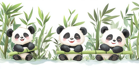 Naklejka premium panda animal cute bamboo bear wildlife cartoon illustration funny teen nature adorable playful drawing forest asian three pandas baby pandas panda family