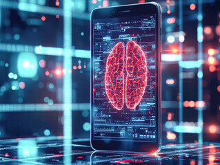Obraz premium A cell phone screen shows a brain with red and blue lights