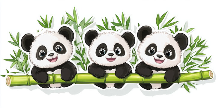 panda bamboo cute animals illustration cartoon wildlife nature adorable furry playful three pandas animal art children\'s decor wildlife art panda family