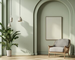 Minimalist Green Room with Archway Chair and Empty Frame Low Angle Perspective