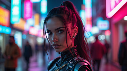 Incredibly beautiful girl in cyberpunk style with Japanese signs on the background. Neon style
