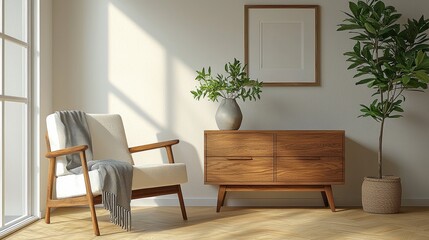 Fototapeta premium MidCentury Modern Living Room White Chair Wooden Cabinet Plant and Sunlight Streaming Through Window