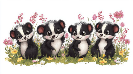 Fototapeta premium badger cartoon animal cute animal animal illustration wildlife cartoon grass nature illustration woodland creature playful badger black and white animal 