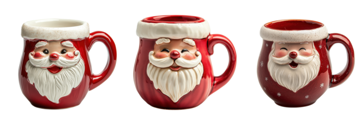 set of a Santa Claus-themed coffee mug with a jolly face on a transparent background