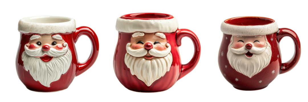 set of a Santa Claus-themed coffee mug with a jolly face on a transparent background - Powered by Adobe