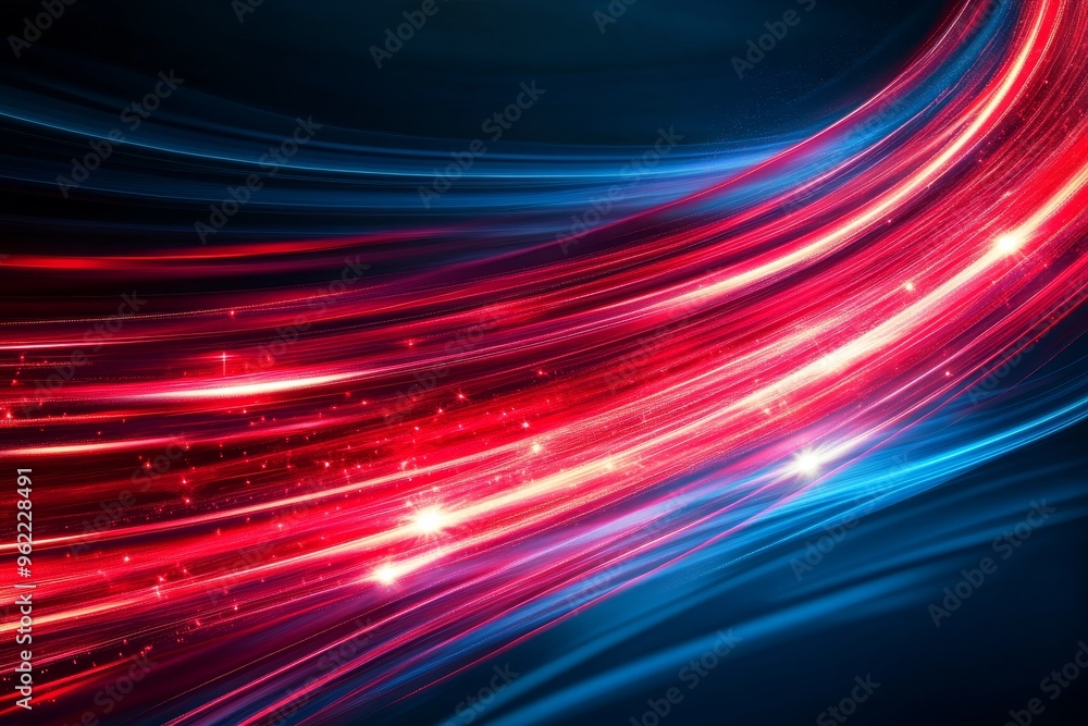 Aufkleber abstract digital art with red light trails creating a dynamic curved pattern on a deep blue backgrou