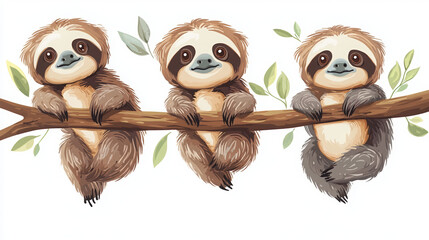 sloth cute sloth cartoon sloth animal illustration woodland creature happy sloth three sloths sloth trio playful sloths sloth art sloth sticker digital illustration 