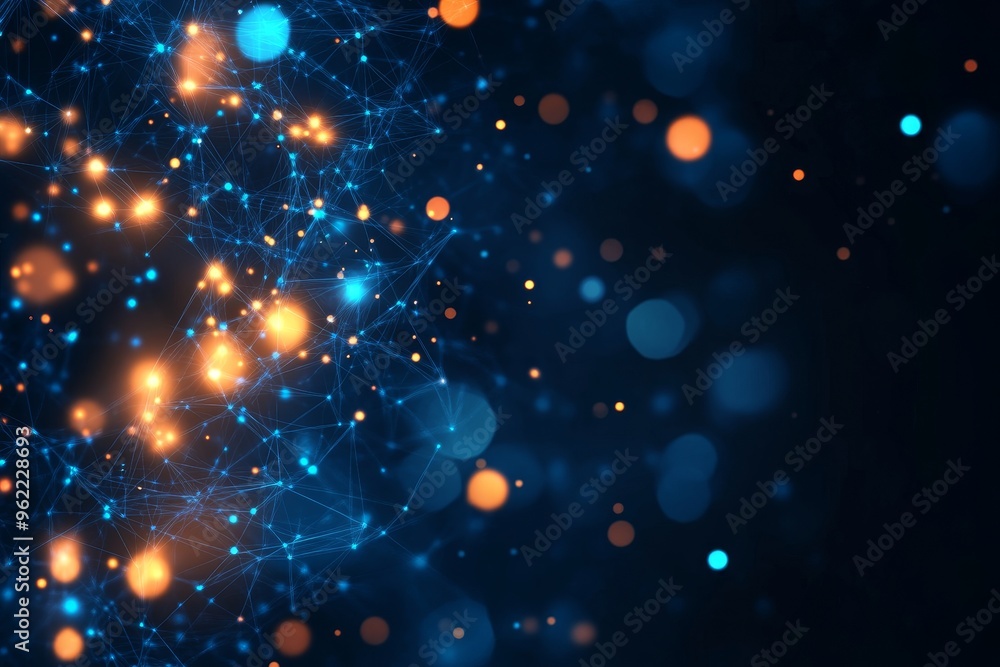 Poster an abstract background featuring a network of glowing lines and spheres in shades of blue and orange