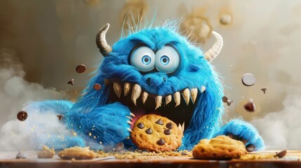 A blue furry monster with horns and big eyes is eating a chocolate chip cookie.