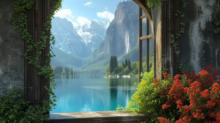 A breathtaking view of a serene mountain lake framed by an open window adorned with vibrant flowers. The distant snow-capped mountains and crystal-clear water create an idyllic, peaceful scene perfect