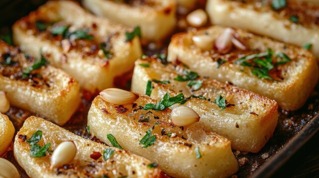 garlic crouton sticks garnished with cloves and herbs, creating a stylish snack idea banner with a gourmet twist