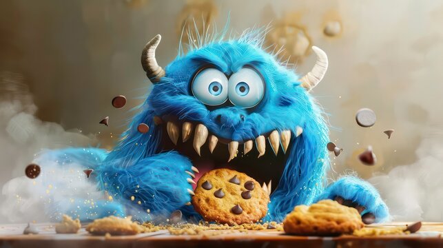 A blue furry monster with horns and big eyes is eating a chocolate chip cookie.