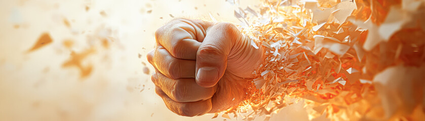 Fototapeta premium A hand is shown in a fist with a lot of debris around it