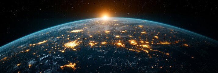 An aerial view of Earth at night, showcasing a digitally connected world illuminated by city lights, symbolizing global communication, technological advancement, human presence, and the interconnected