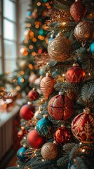 Christmas many ornaments on the tree in this room