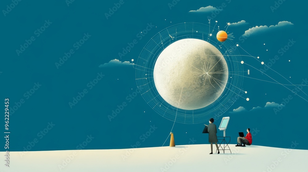 Aufkleber an illustration depicting a large sphere representing the globe connected by lines representing the 