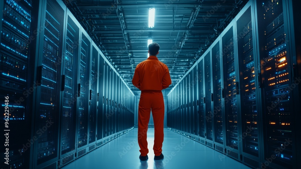 Poster an electrical engineer stands confidently in a server room, surrounded by rows of powerful servers. 