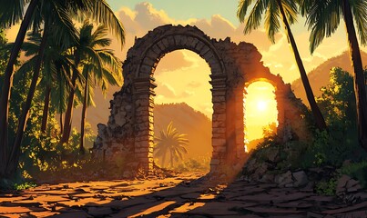 Fototapeta premium A Stone Archway in a Tropical Forest at Sunset