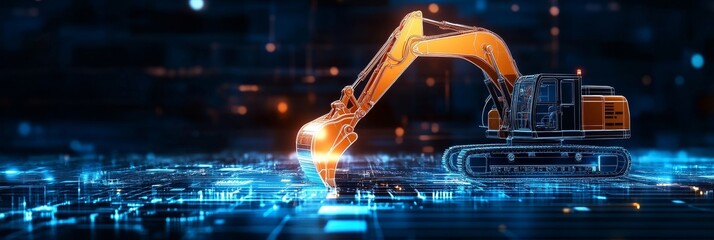 An illustration of an excavator in a futuristic style, showcasing the integration of technology in construction. The excavator stands on a circuit board background, symbolizing automation, digitaliza