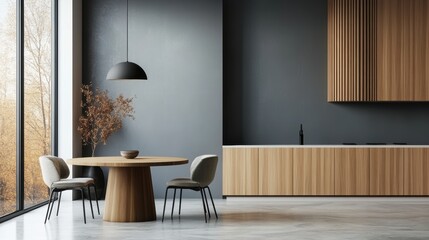 chic dining area featuring a round table, eclectic chairs, and a bold pendant light, showcasing a modern minimalist design aesthetic