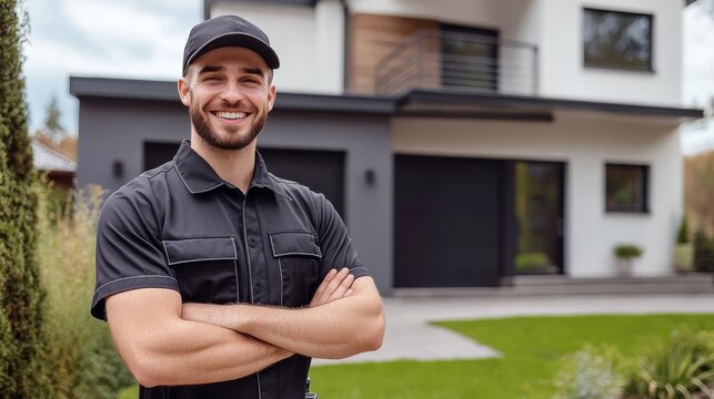 The young man smiles confidently proud of his work outside a modern house