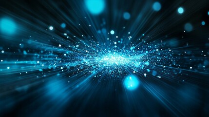 Obraz premium This abstract image depicts a burst of blue light with sparkling particles, symbolizing digital energy, technological advancement, innovation, and the boundless potential of the digital world.