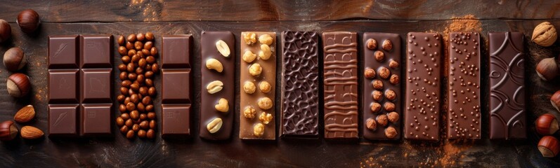 Many different types of chocolates and nuts on a table, world chocolate day