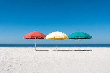 Three colorful beach umbrellas stand on a white sandy beach, under a bright blue sky. The umbrellas symbolize summer, relaxation, vacation, and the joy of being outdoors.