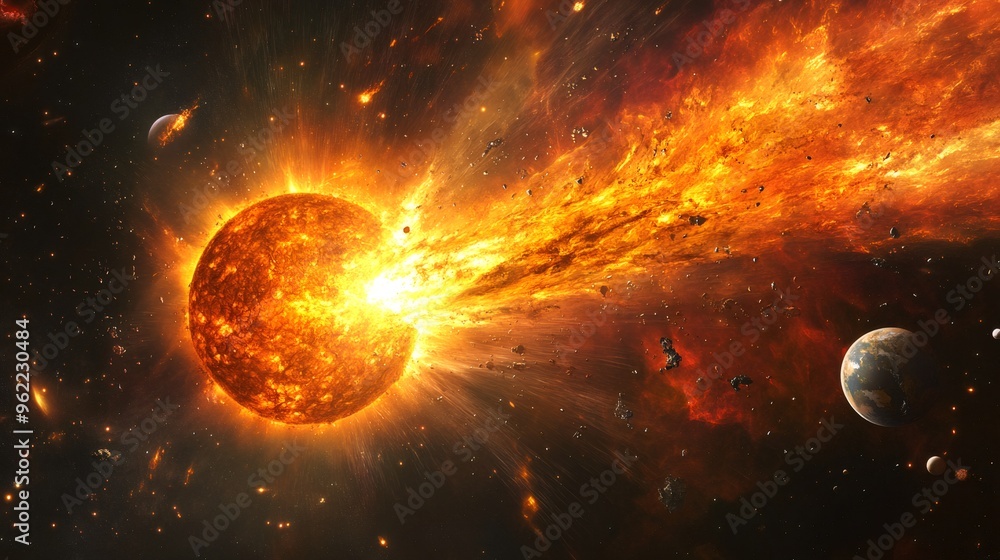 Wall mural a fiery explosion in space with a blazing sun-like object and a debris field.