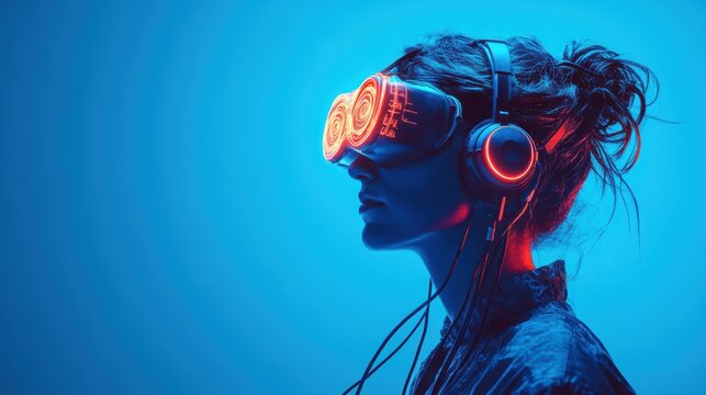 a person with a headset connected to wires, mind control banner with text space