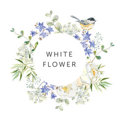 Rose flowers, bird, bellflowers, leaves, round frame, white background. Print for t shirt, poster, with text. Vector illustration. Floral arrangement. Design template greeting card © ojardin