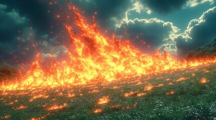 Fototapeta premium Flames dance across the grassy terrain illuminating the darkening sky with fiery hues