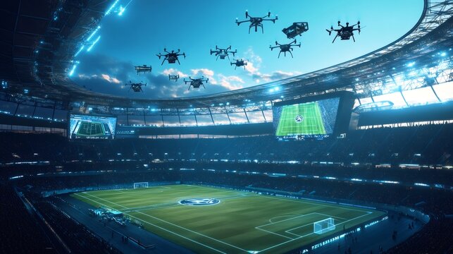 A football stadium with drones flying over a football field with a big screen in the background.