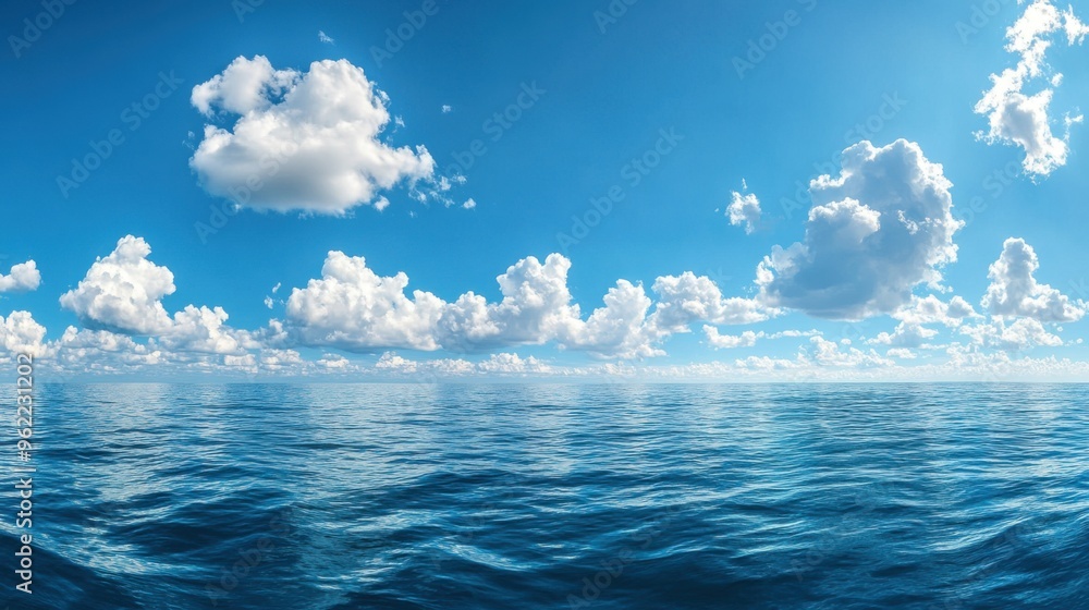 Poster a panoramic view of a calm ocean with transparent clouds barely visible against the bright sky
