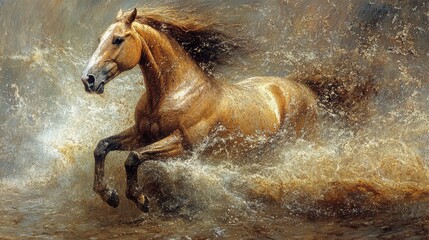 Naklejka premium A golden horse leaps through waves symbolizing freedom and strength in the water