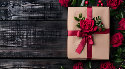 Kraft Gift Box With Beautiful Red Ribbon Concept