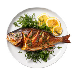 Roasted fish on a plate isolated on transparent and white background © roy9
