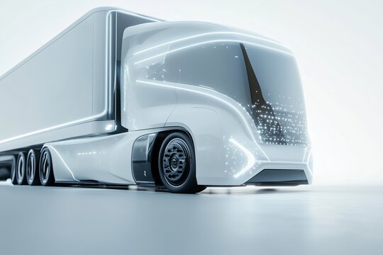 A dynamic 3D of a modern electric freight truck with semi transparent elements in a view, displaying