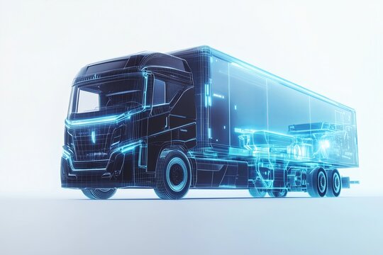 A dynamic 3D of a modern electric freight truck with semi transparent elements in a view, displaying