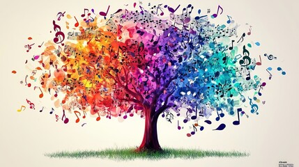 A bright tree with rainbow-colored leaves and a cascade of musical notes surrounding it, depicting the colorful and expressive connection between nature and music.