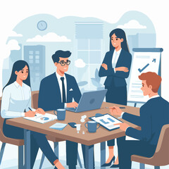 Partners meeting for business discussion with documents and laptop on desk. Couple at round table, speaking, discussing work, partnership. Flat vector illustration isolated on white background