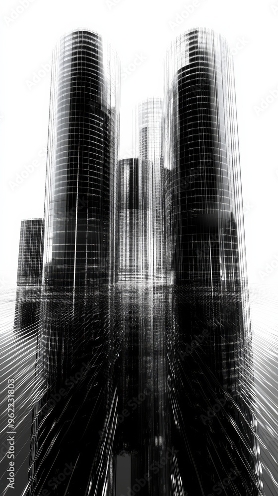 Poster unique architectural forms tower above a reflective surface creating an ethereal atmosphere
